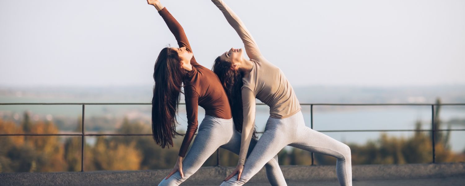 A pair of partners in a yoga studio performing Double Dancer Pose