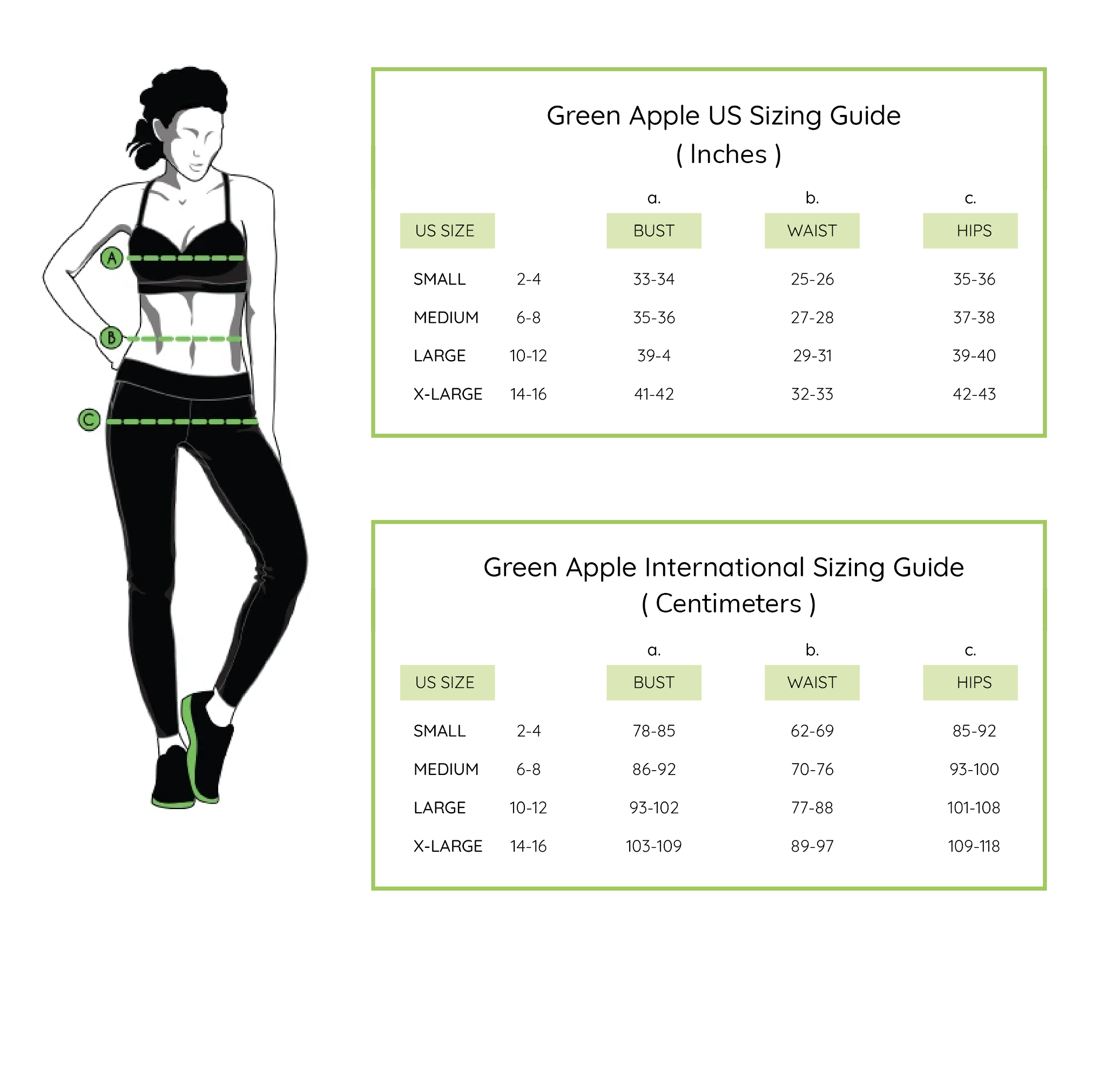 size chart/ fitting guide, measurement chart green apple active 